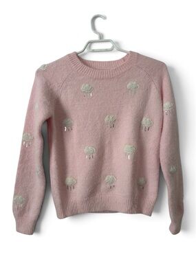 Soft Fuzzy Pastel Pink Sweater Embroidered Clouds Sequin Raindrops Cozy size S